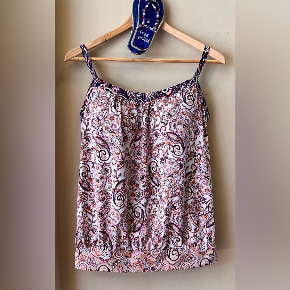 Lands’ End Petite Chlorine Resistant Tummy Hiding Blouson Tankini 10P EUC